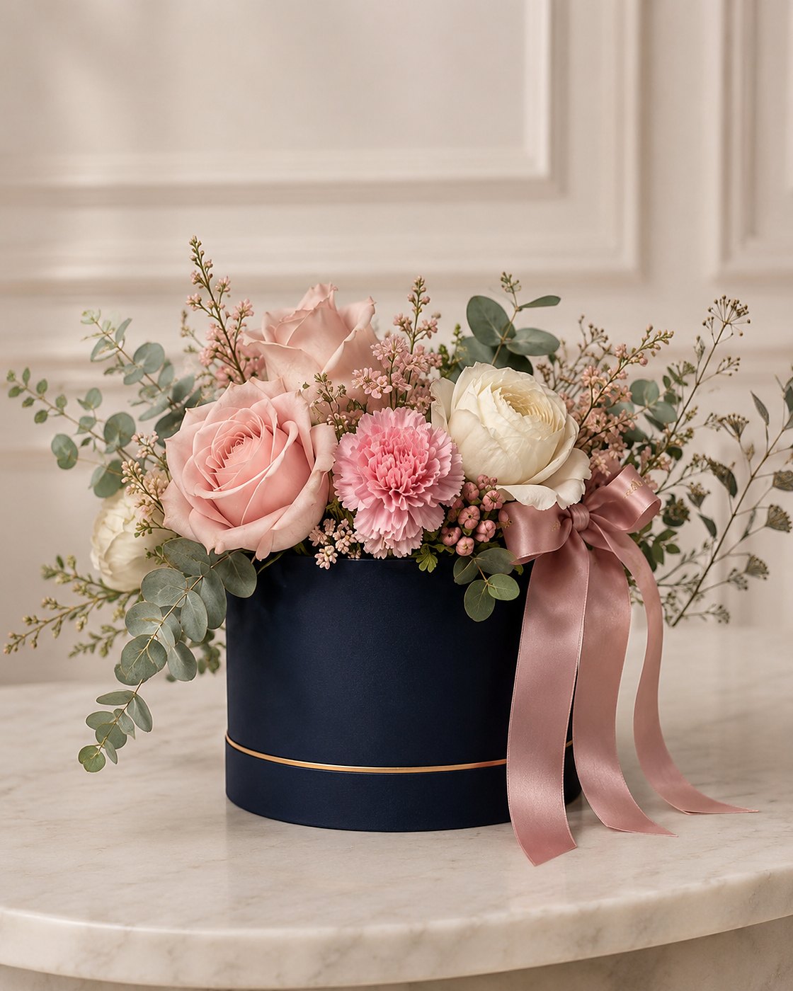 Caja de rosas blush y rosa inglesa con eucalipto, firma Gori Blooms